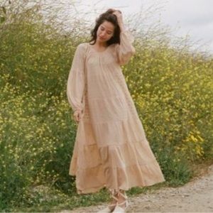 Rare Doen Caraway Embroidered Scoop Neck Long Sleeve Tiered Midi Dress Toast